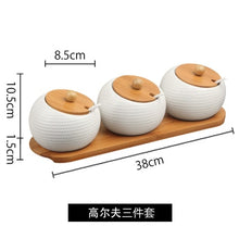 Load image into Gallery viewer, Ceramic cruet seasoning jar salt bowl sugar bowl kitchen household ceramic seasoning jar glass lid storage tank wooden tray