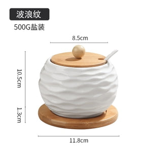 Ceramic cruet seasoning jar salt bowl sugar bowl kitchen household ceramic seasoning jar glass lid storage tank wooden tray