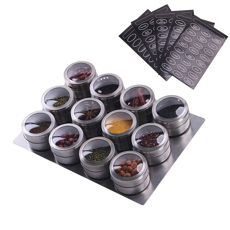 6/9/12 Pieces Magnetic Spice Jars Stainless Steel Salt Tins Pepper Shakers Spice Jar Rack Organizers  Container With 120 Labels